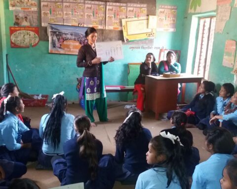 A trainer teaches the Girls’ Menstrual Health Education Program in Dhading, at Days for Girls, a school in the Himalayans.
