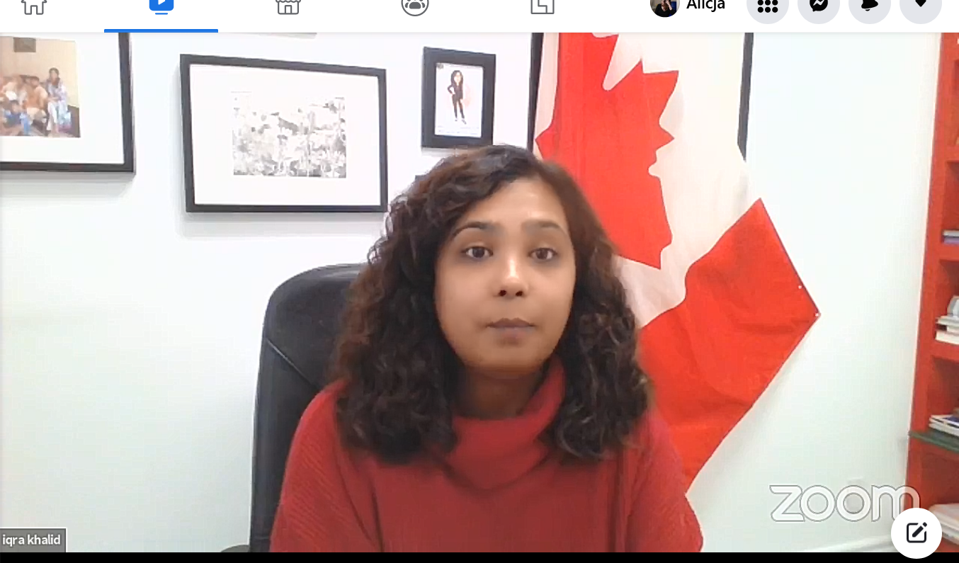 MPP Iqra Khalid speaking at a live Facebook event by Indigenous and Muslim Education