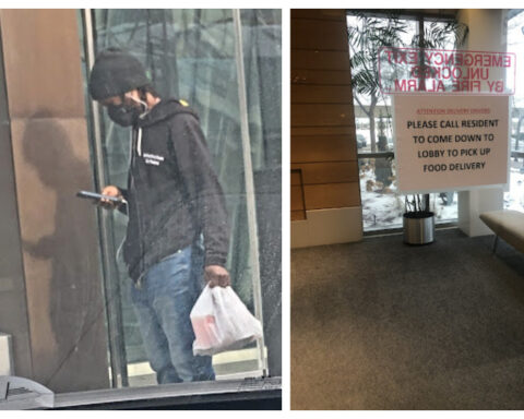 Two images side by side, one showing an Uber driver in Toronto looking down on his phone, the other a message on the door to food delivery people.