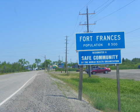 The Fort Frances, Ontario city limit sign, marking the entrance to the town near the Ontario-Minnesota border.