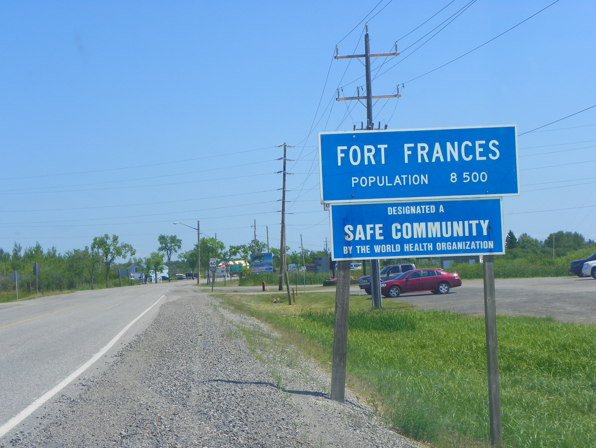 The Fort Frances, Ontario city limit sign, marking the entrance to the town near the Ontario-Minnesota border.
