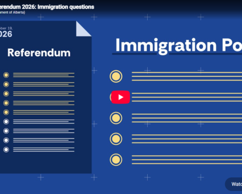 Screenshot of the Government of Alberta's referendum website showing a promotional video on immigration policy questions for the Oct. 19, 2026 referendum.