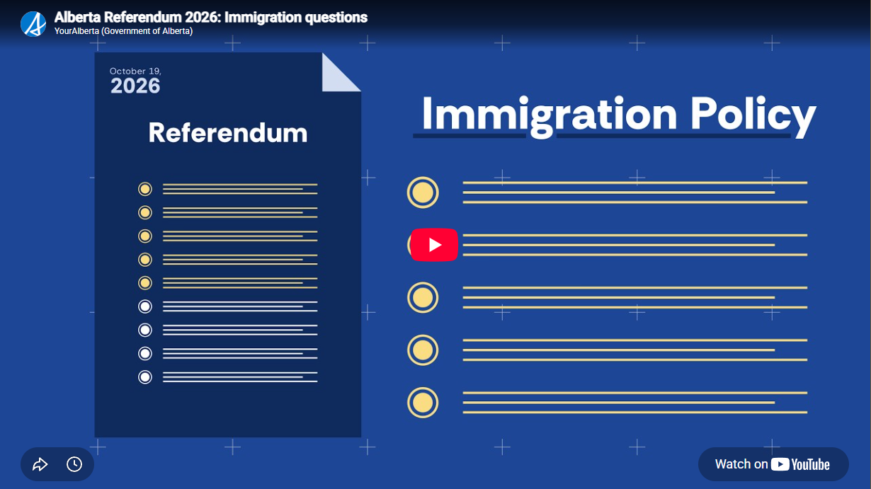 Screenshot of the Government of Alberta's referendum website showing a promotional video on immigration policy questions for the Oct. 19, 2026 referendum.